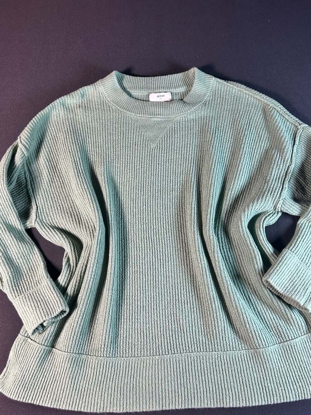 Aerie Oversized Ribbed Knit Crewneck Sweater Sage Green Size Small Slouchy Cozy